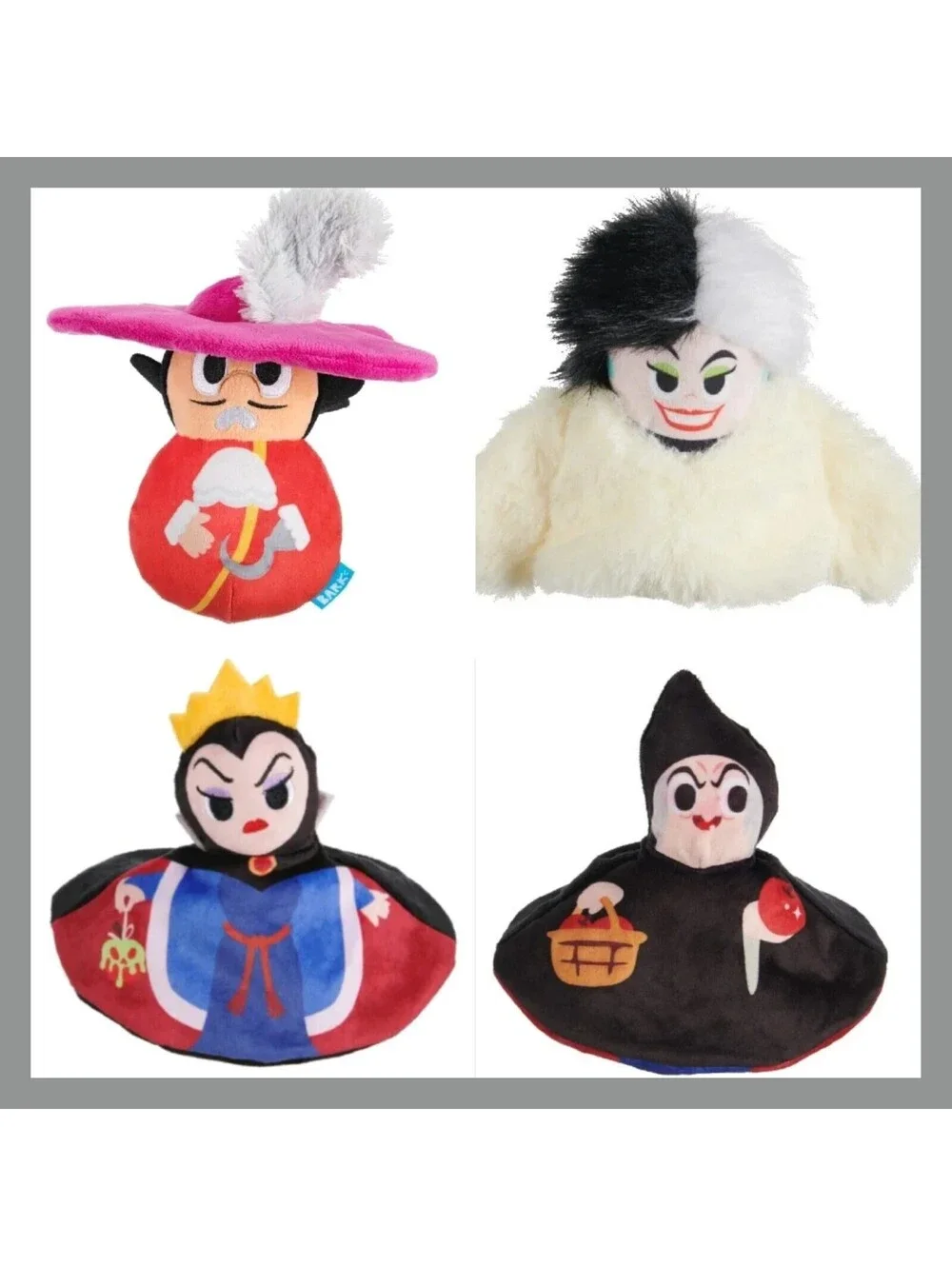 3 BARKBOX DISNEY VILLAINS CPT HOOK,CRUELLA DEVILLE REVERSIBLE EVIL QUEEN DOG TOY